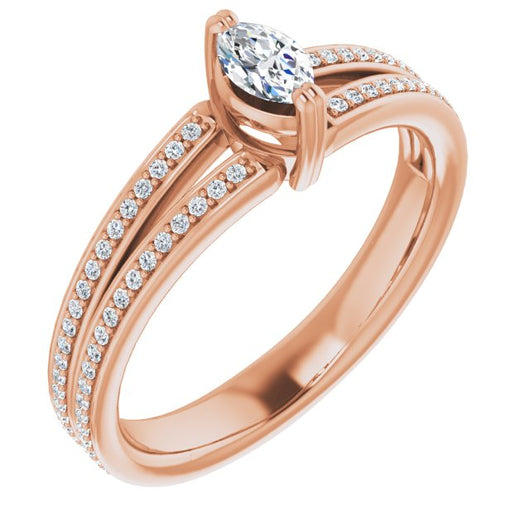 10K Rose Gold Customizable Marquise Cut Center with 100-stone* "Waterfall" Pavé Split Band