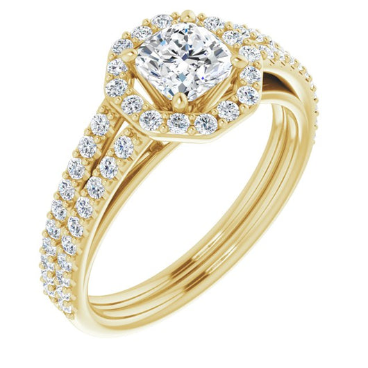 10K Yellow Gold Customizable Cathedral Cushion Cut Design with Geometric Halo & Split Pavé Band