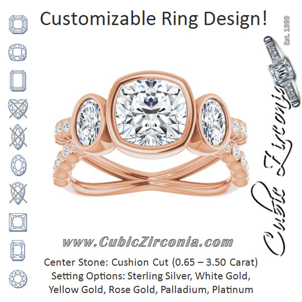 Cubic Zirconia Engagement Ring- The Tamanna (Customizable Bezel-set Cushion Cut Design with Dual Bezel-Oval Accents and Round-Bezel Accented Split Band)