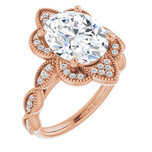 10K Rose Gold Customizable Cathedral-style Oval Cut Design with Floral Segmented Halo & Milgrain+Accents Band