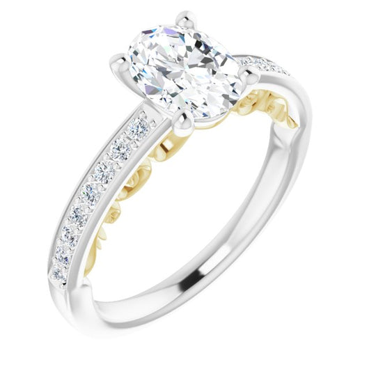 14K White & Yellow Gold Customizable Oval Cut Design featuring 3-Sided Infinity Trellis and Round-Channel Accented Band