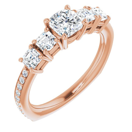 10K Rose Gold Customizable Cushion Cut 5-stone Style with Quad Cushion Accents plus Shared Prong Band