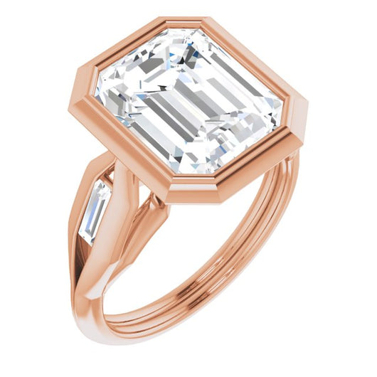 10K Rose Gold Customizable Bezel-set Emerald/Radiant Cut Design with Wide Split Band & Tension-Channel Baguette Accents