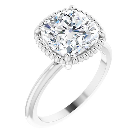 10K White Gold Customizable Cushion Cut Solitaire with Beaded Metallic Milgrain