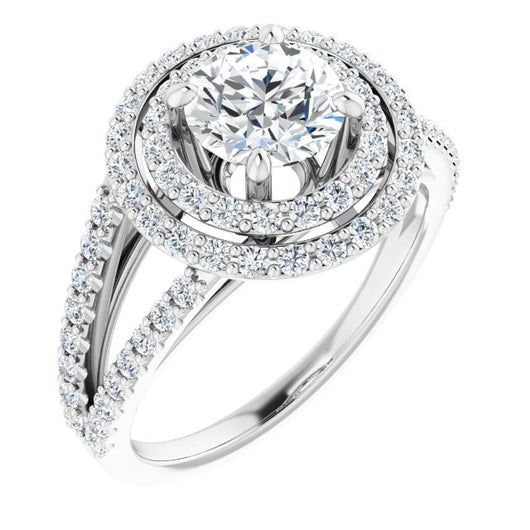 10K White Gold Customizable Round Cut Design with Double Halo and Wide Split-Pavé Band