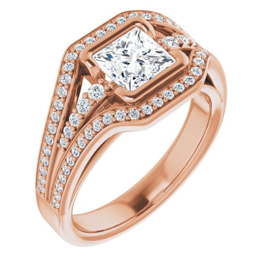 10K Rose Gold Customizable Cathedral-Bezel Princess/Square Cut Design with Wide Triple-Split-Pavé Band