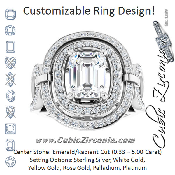 Cubic Zirconia Engagement Ring- The Daksha (Customizable Cathedral-set Emerald Cut Design with Double Halo & Accented Ultra-wide Horseshoe-inspired Split Band)