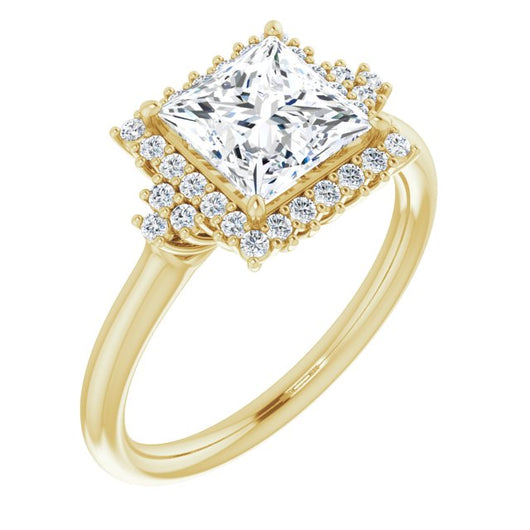 10K Yellow Gold Customizable Princess/Square Cut Cathedral-Halo Design with Tri-Cluster Round Accents