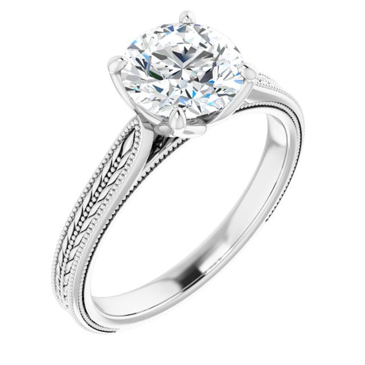 10K White Gold Customizable Round Cut Solitaire with Wheat-inspired Band 