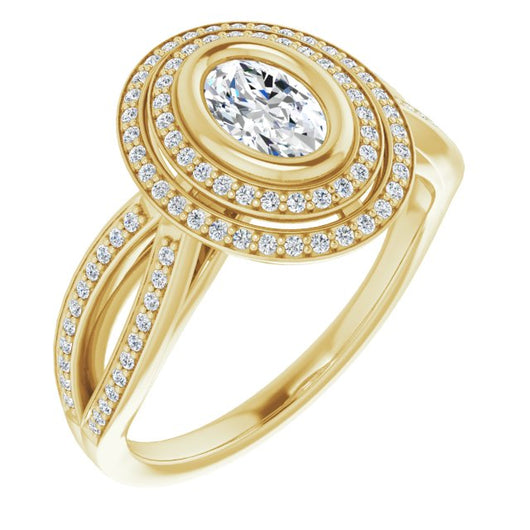 10K Yellow Gold Customizable Bezel-set Oval Cut Style with Double Halo and Split Shared Prong Band