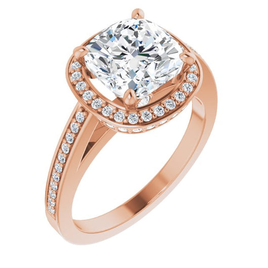 10K Rose Gold Customizable Cathedral-set Cushion Cut Design with Halo, Thin Pavé Band & Round-Bezel Peekaboos