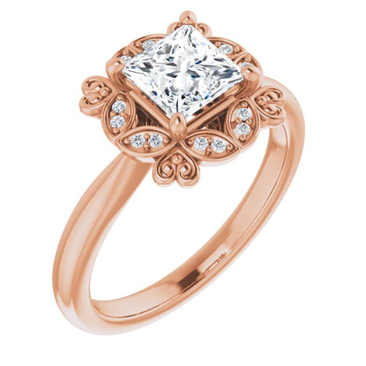 10K Rose Gold Customizable Princess/Square Cut Design with Floral Segmented Halo & Sculptural Basket