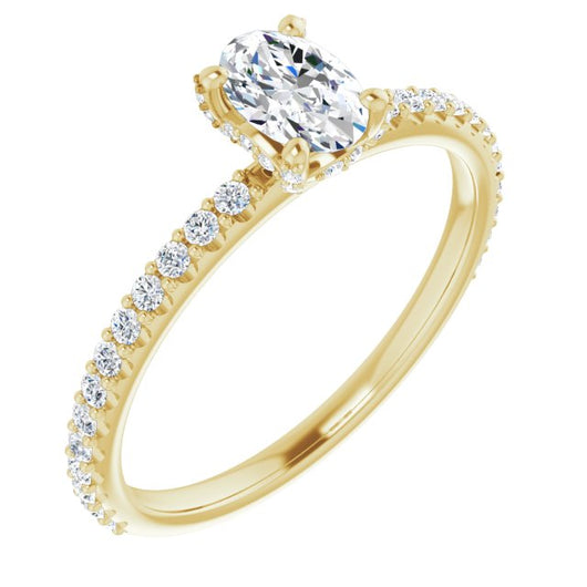 10K Yellow Gold Customizable Oval Cut Design with Round-Accented Band, Micropav? Under-Halo and Decorative Prong Accents)