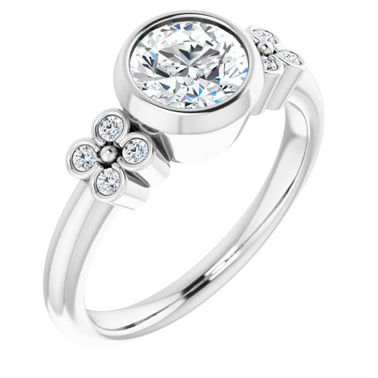 10K White Gold Customizable 9-stone Bezel-set Round Cut Design with Quad Round Bezel Side Stones Each Side