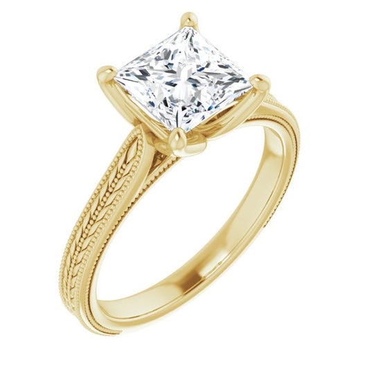 10K Yellow Gold Customizable Princess/Square Cut Solitaire with Wheat-inspired Band 