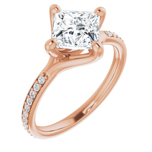 10K Rose Gold Customizable Princess/Square Cut Design featuring Thin Band and Shared-Prong Round Accents