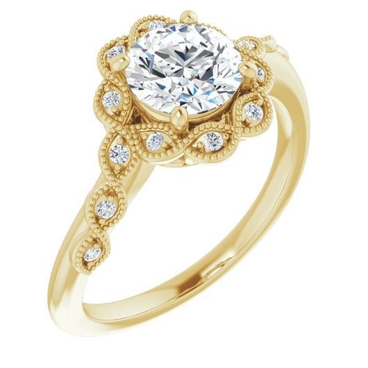 10K Yellow Gold Customizable 3-stone Design with Round Cut Center and Halo Enhancement