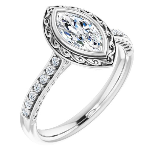 10K White Gold Customizable Cathedral-Bezel Marquise Cut Design featuring Accented Band with Filigree Inlay