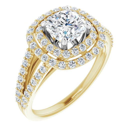 14K Yellow & White Gold Customizable Cushion Cut Design with Double Halo and Wide Split-Pavé Band