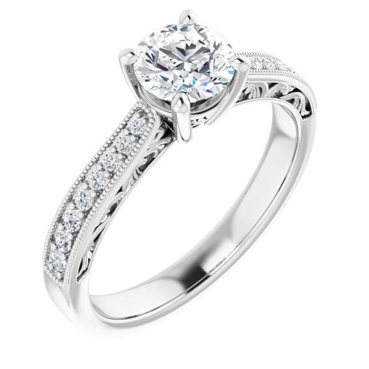 10K White Gold Customizable Round Cut Design with Round Band Accents and Three-sided Filigree Engraving