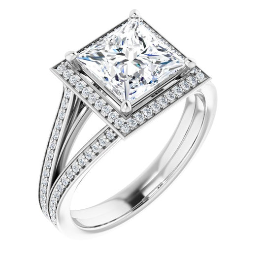 10K White Gold Customizable Princess/Square Cut Design with Split-Band Shared Prong & Halo