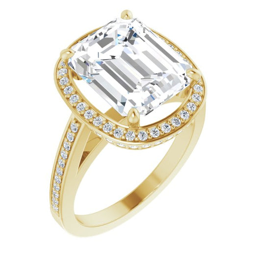 10K Yellow Gold Customizable Cathedral-set Emerald/Radiant Cut Design with Halo, Thin Pavé Band & Round-Bezel Peekaboos