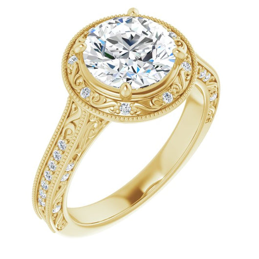 14K Yellow Gold Customizable Vintage Artisan Round Cut Design with 3-Sided Filigree and Side Inlay Accent Enhancements