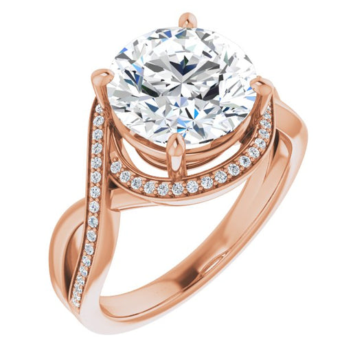 10K Rose Gold Customizable Bypass-Halo-Accented Round Cut Center with Twisting Split Shared Prong Band