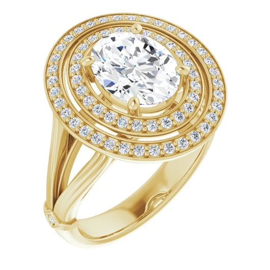 10K Yellow Gold Customizable Cathedral-set Oval Cut Design with Double Halo, Wide Split Band and Side Knuckle Accents