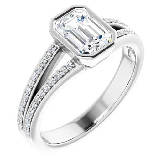 10K White Gold Customizable Bezel-set Emerald/Radiant Cut Design with Split Shared Prong Band