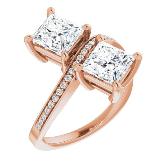 10K Rose Gold Customizable 2-stone Princess/Square Cut Bypass Design with Thin Twisting Shared Prong Band