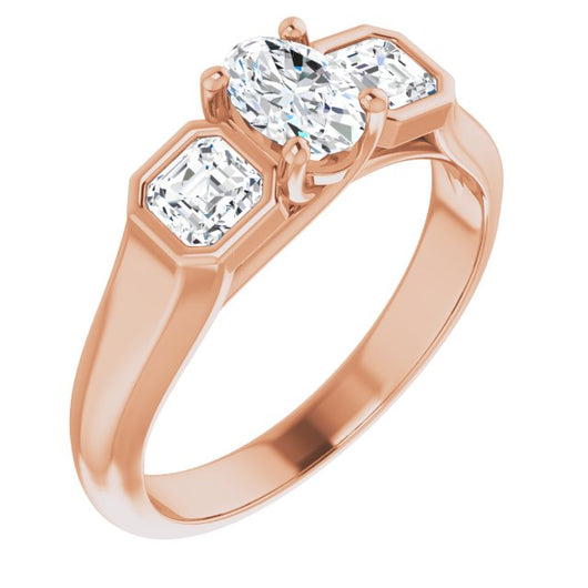 10K Rose Gold Customizable 3-stone Cathedral Oval Cut Design with Twin Asscher Cut Side Stones