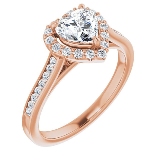 10K Rose Gold Customizable Heart Cut Design with Halo, Round Channel Band and Floating Peekaboo Accents