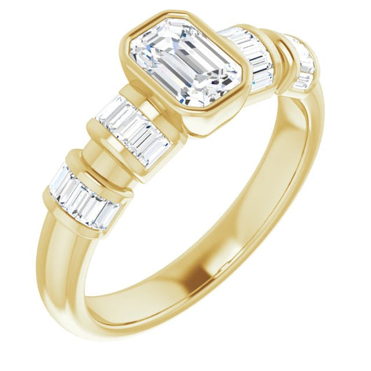 10K Yellow Gold Customizable Bezel-set Emerald/Radiant Cut Design with Quad Horizontal Band Sleeves of Baguette Accents