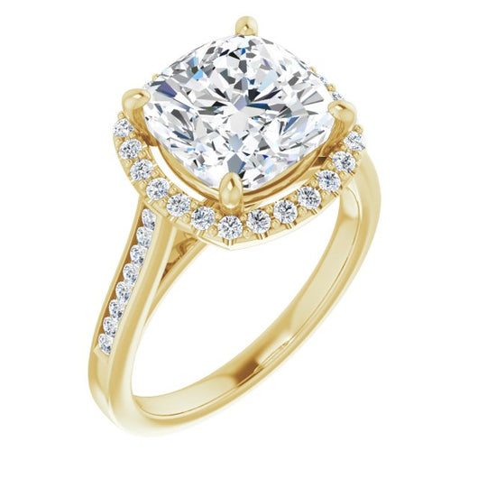 10K Yellow Gold Customizable Cushion Cut Design with Halo, Round Channel Band and Floating Peekaboo Accents