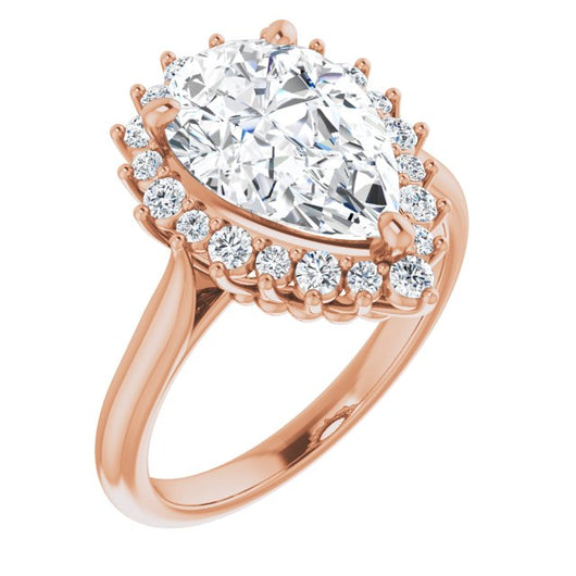 10K Rose Gold Customizable Crown-Cathedral Pear Cut Design with Clustered Large-Accent Halo & Ultra-thin Band