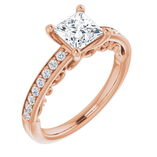 10K Rose Gold Customizable Princess/Square Cut Design featuring 3-Sided Infinity Trellis and Round-Channel Accented Band