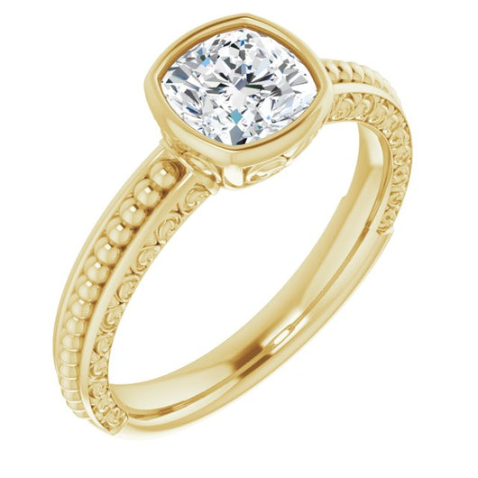 10K Yellow Gold Customizable Bezel-set Cushion Cut Solitaire with Beaded and Carved Three-sided Band