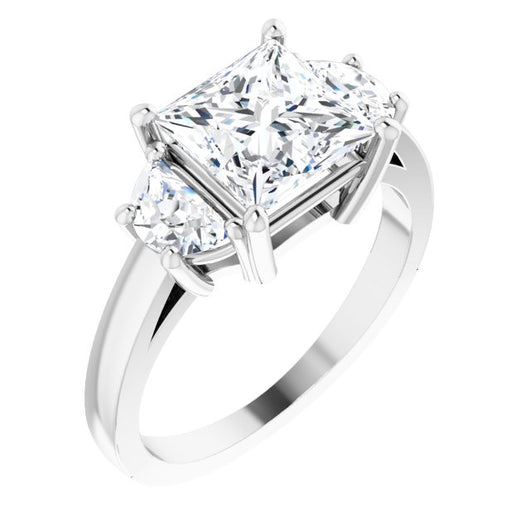 10K White Gold Customizable 3-stone Design with Princess/Square Cut Center and Half-moon Side Stones