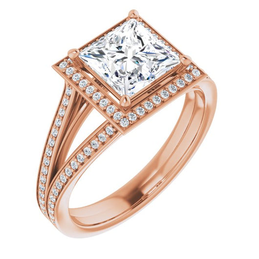 10K Rose Gold Customizable Princess/Square Cut Design with Split-Band Shared Prong & Halo