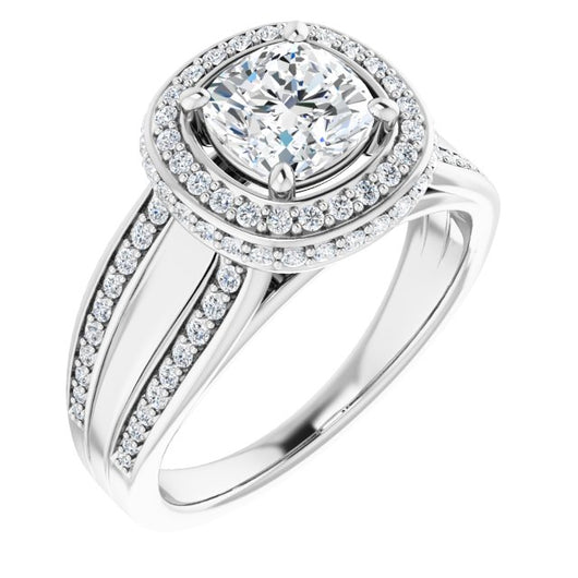 10K White Gold Customizable Halo-style Cushion Cut with Under-halo & Ultra-wide Band