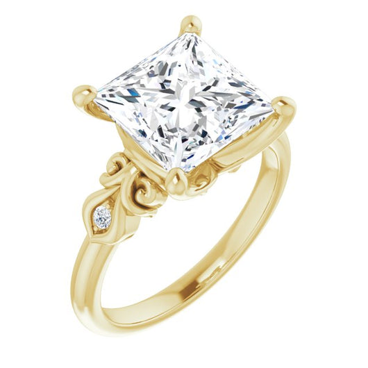 10K Yellow Gold Customizable 3-stone Princess/Square Cut Design with Small Round Accents and Filigree