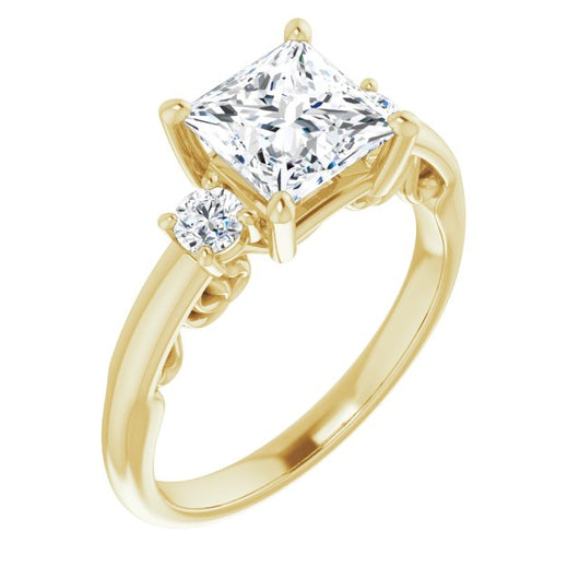 10K Yellow Gold Customizable Princess/Square Cut 3-stone Style featuring Heart-Motif Band Enhancement