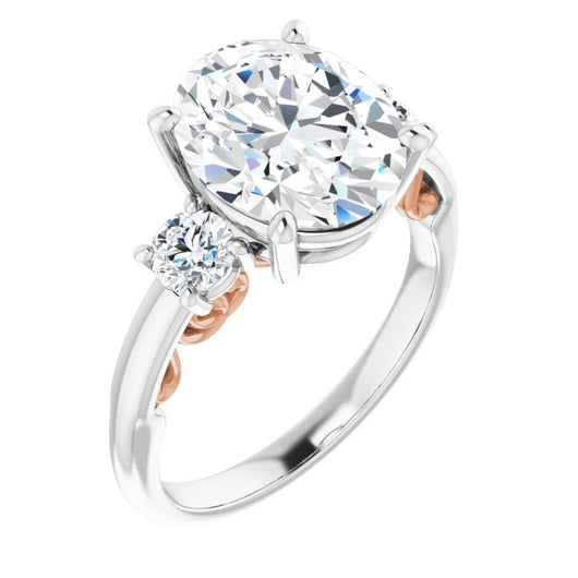 14K White & Rose Gold Customizable Oval Cut 3-stone Style featuring Heart-Motif Band Enhancement