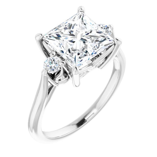 10K White Gold Customizable Three-stone Princess/Square Cut Design with Small Round Accents and Vintage Trellis/Basket