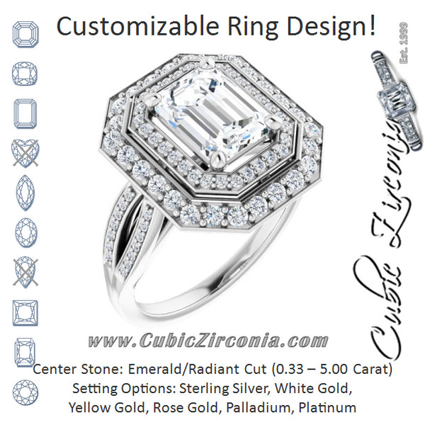 Cubic Zirconia Engagement Ring- The Henrika (Customizable Cathedral-style Emerald Cut Design with Double Halo & Split-Pavé Band)