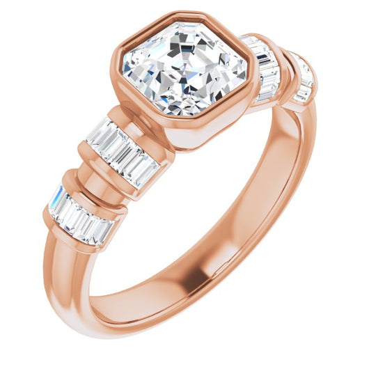 10K Rose Gold Customizable Bezel-set Asscher Cut Design with Quad Horizontal Band Sleeves of Baguette Accents