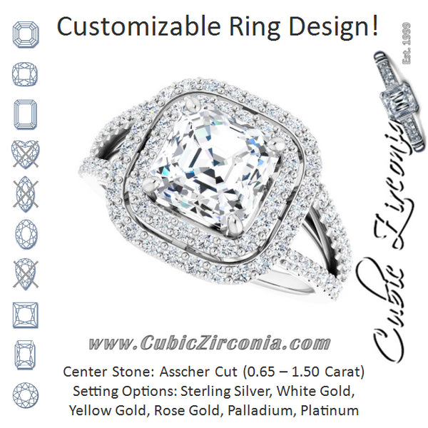 Cubic Zirconia Engagement Ring- The Carly Anne (Customizable Asscher Cut Design with Double Halo and Wide Split-Pavé Band)