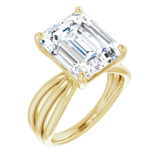 10K Yellow Gold Customizable Emerald/Radiant Cut Solitaire Design with Wide, Ribboned Split-band