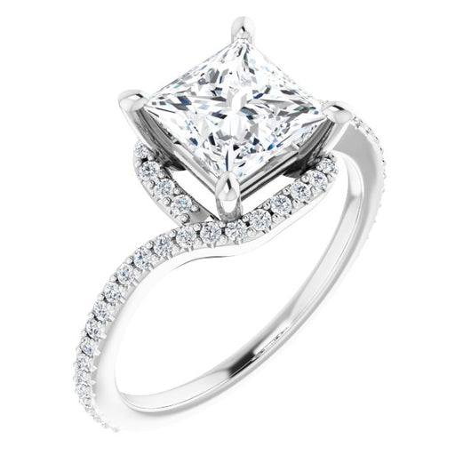 10K White Gold Customizable Artisan Princess/Square Cut Design with Thin, Accented Bypass Band